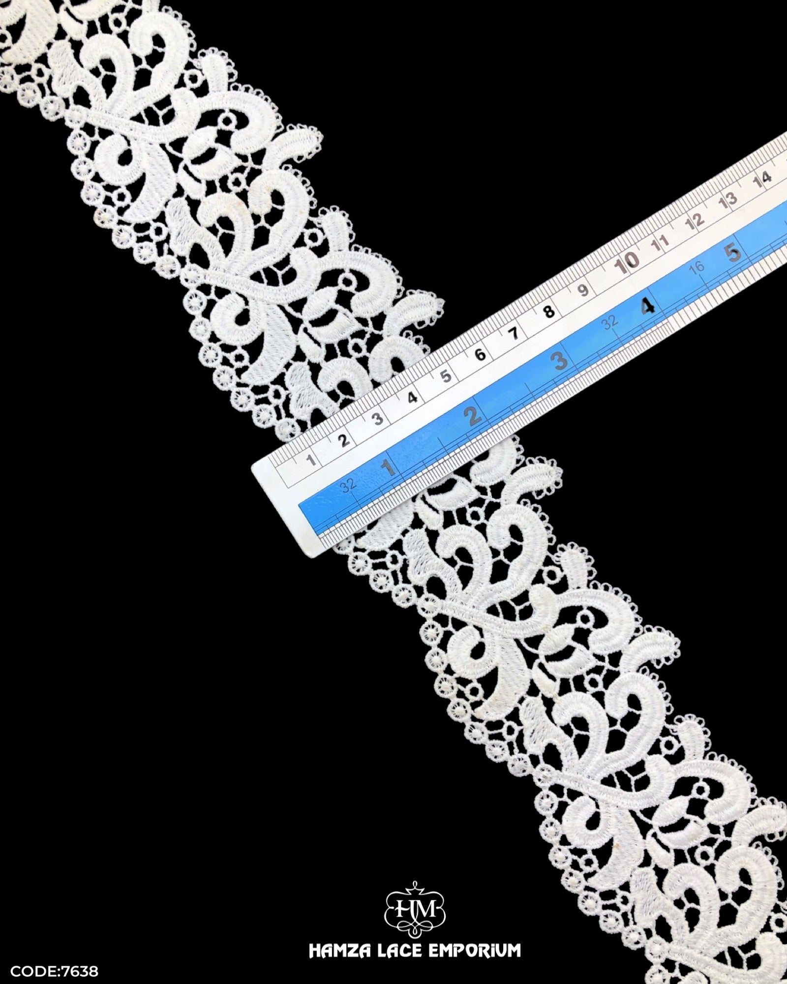 Size of the 'Flower Design Lace 7638' is shown as '2.25' inches with the help of a ruler