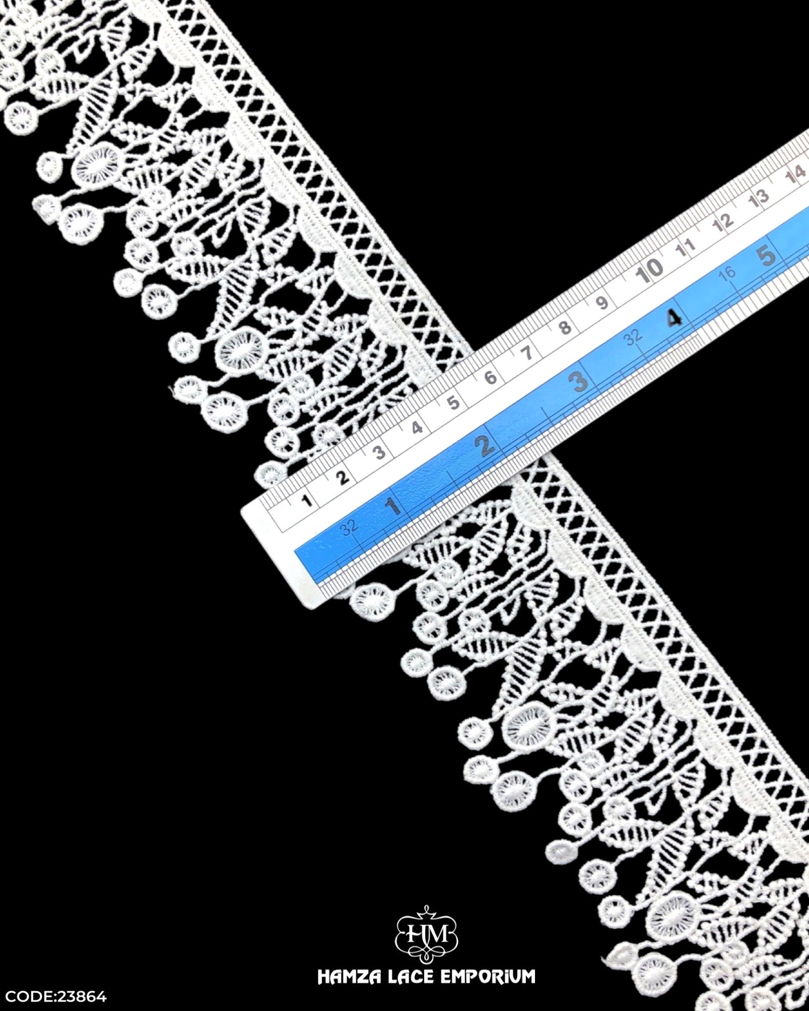 Size of the 'Edging Flower Design Lace 23864' is given with the help of a ruler as '2.25' inches