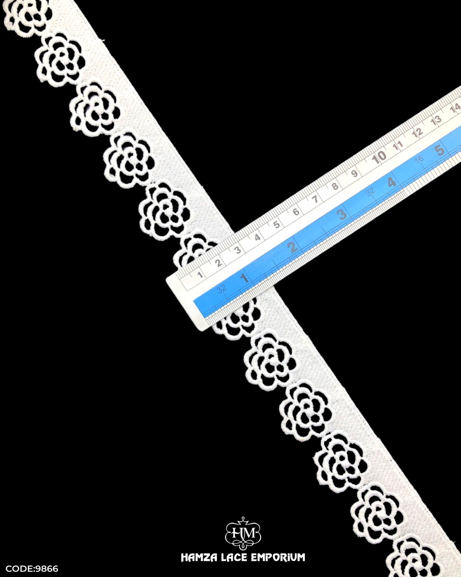 Size of the 'Edging Flower Design Lace 9866' is shown as '1.25' inches with the help of a ruler