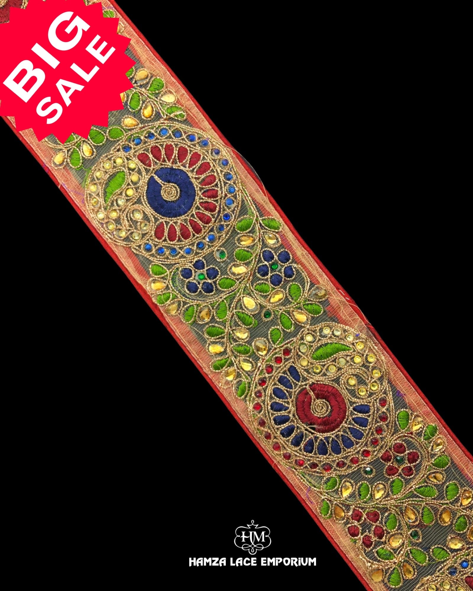 'Multi Colored Kundan Work Lace 5.75 Yard Piece' with the name 'Hamza Lace' written at the bottom