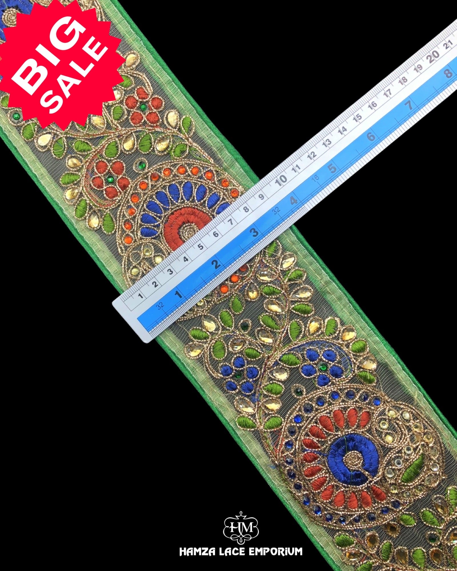 Size of the 'Multi Colored Stone Work Lace 6 Yard Piece' is shown as '3.5' inches with the help of a ruler