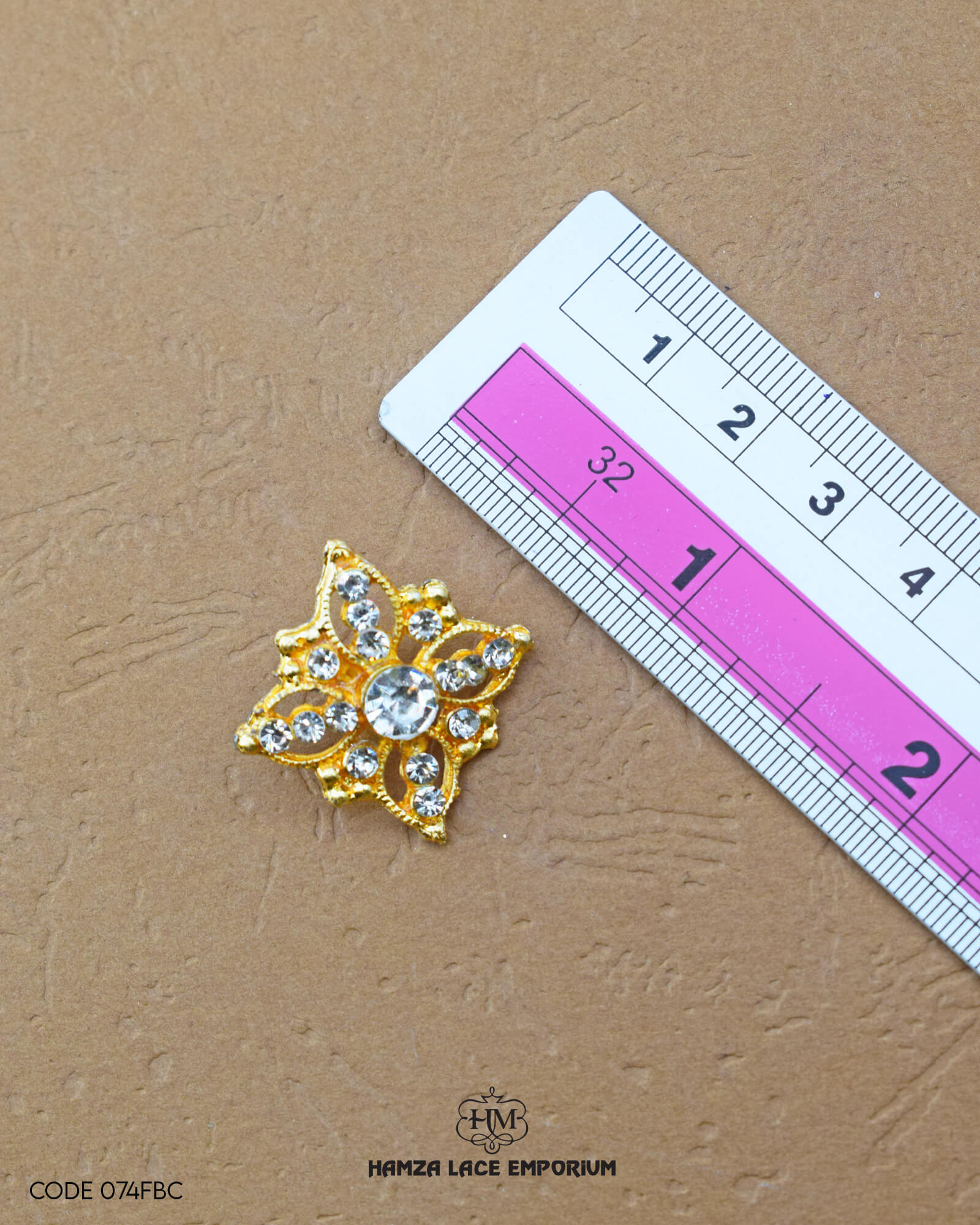 'Fancy Button FBC074' with ruler for size reference in the product image.
