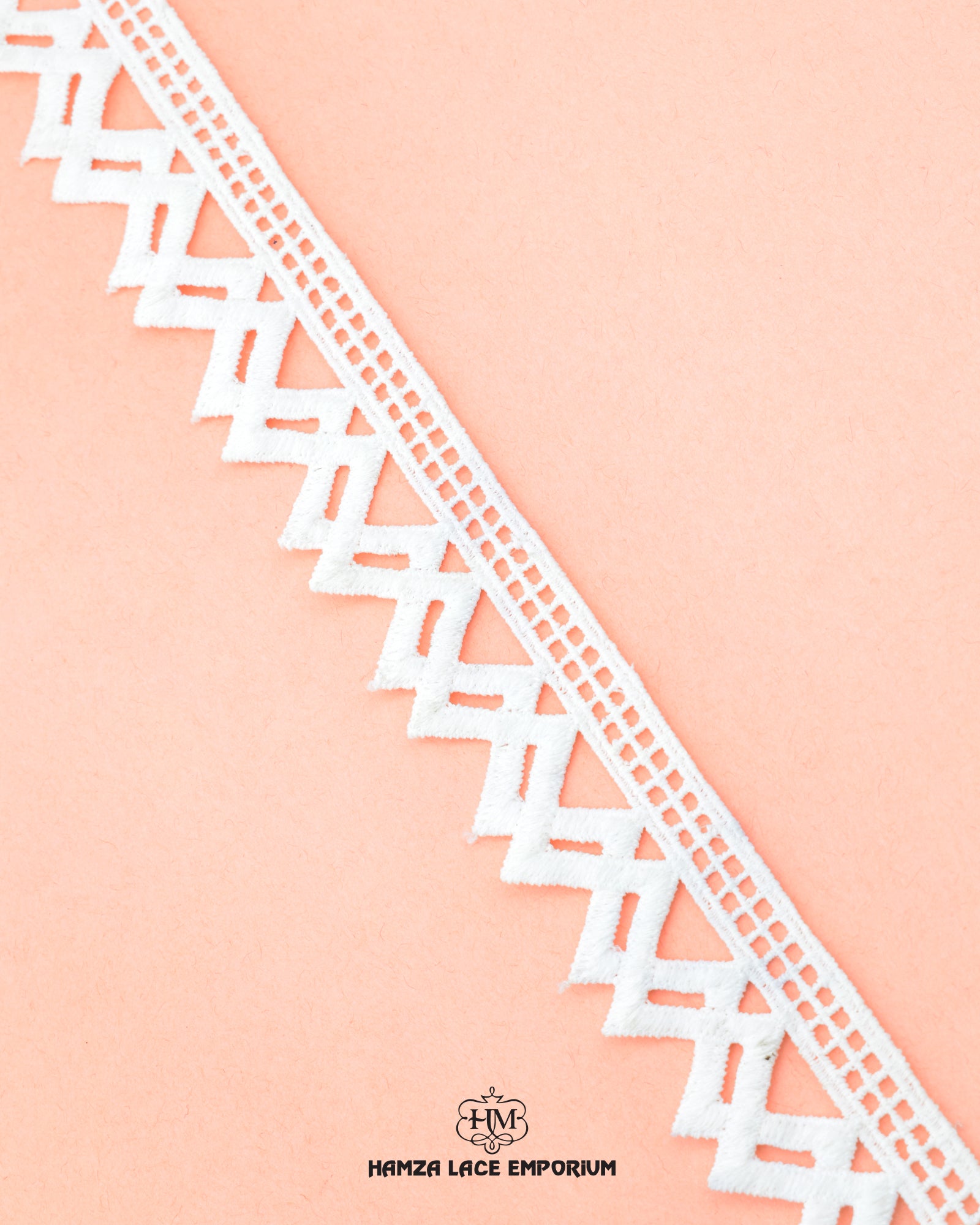 The white color 'edging lace 21622' is shown on a pink color cloth with the brand name ' Hamza lace' and the brand logo at the bottom