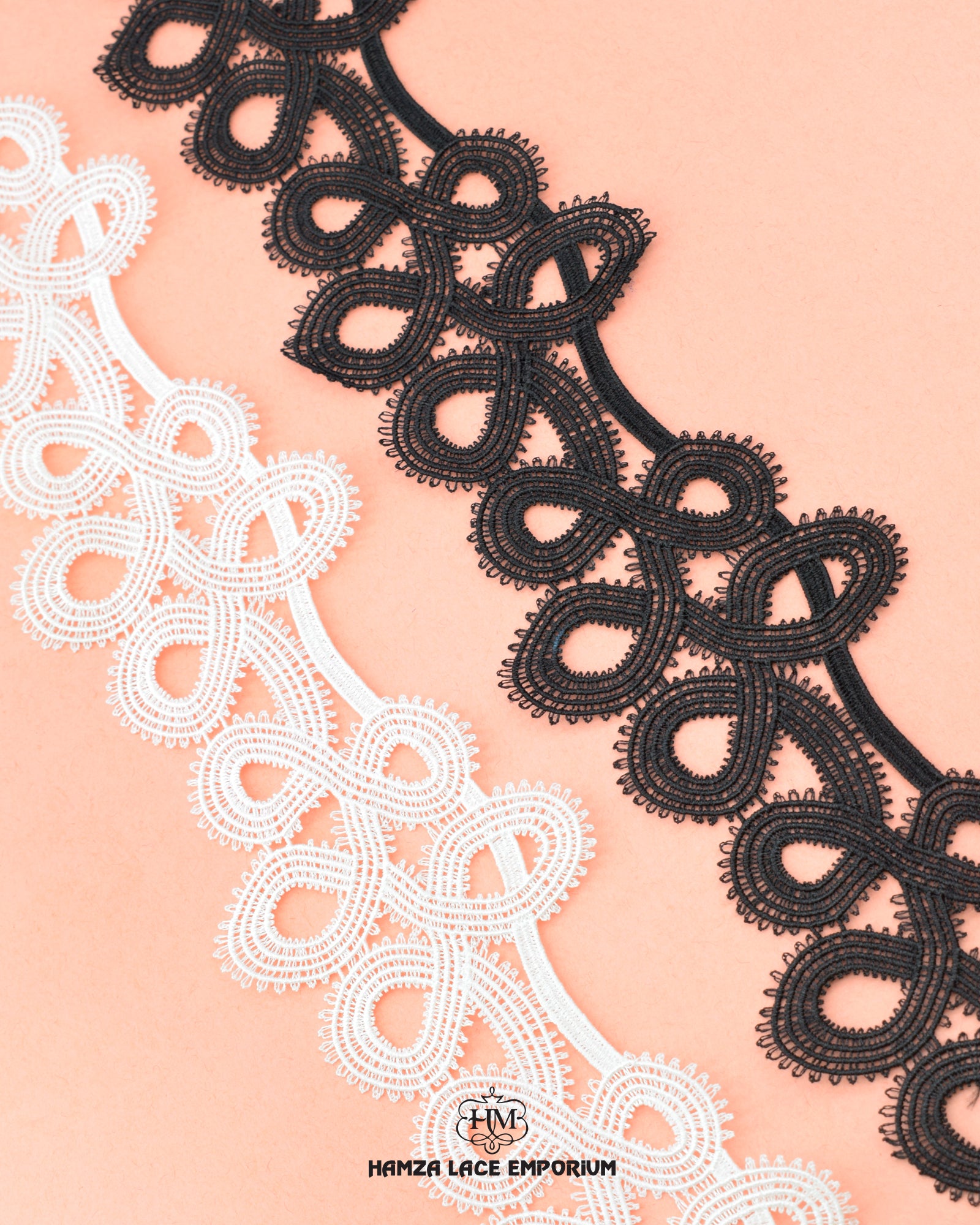 One White and one black piece of the 'Center Scallop Lace 22980' are arranged in a row and the brand name 'Hamza Lace' and the logo is printed at the bottom