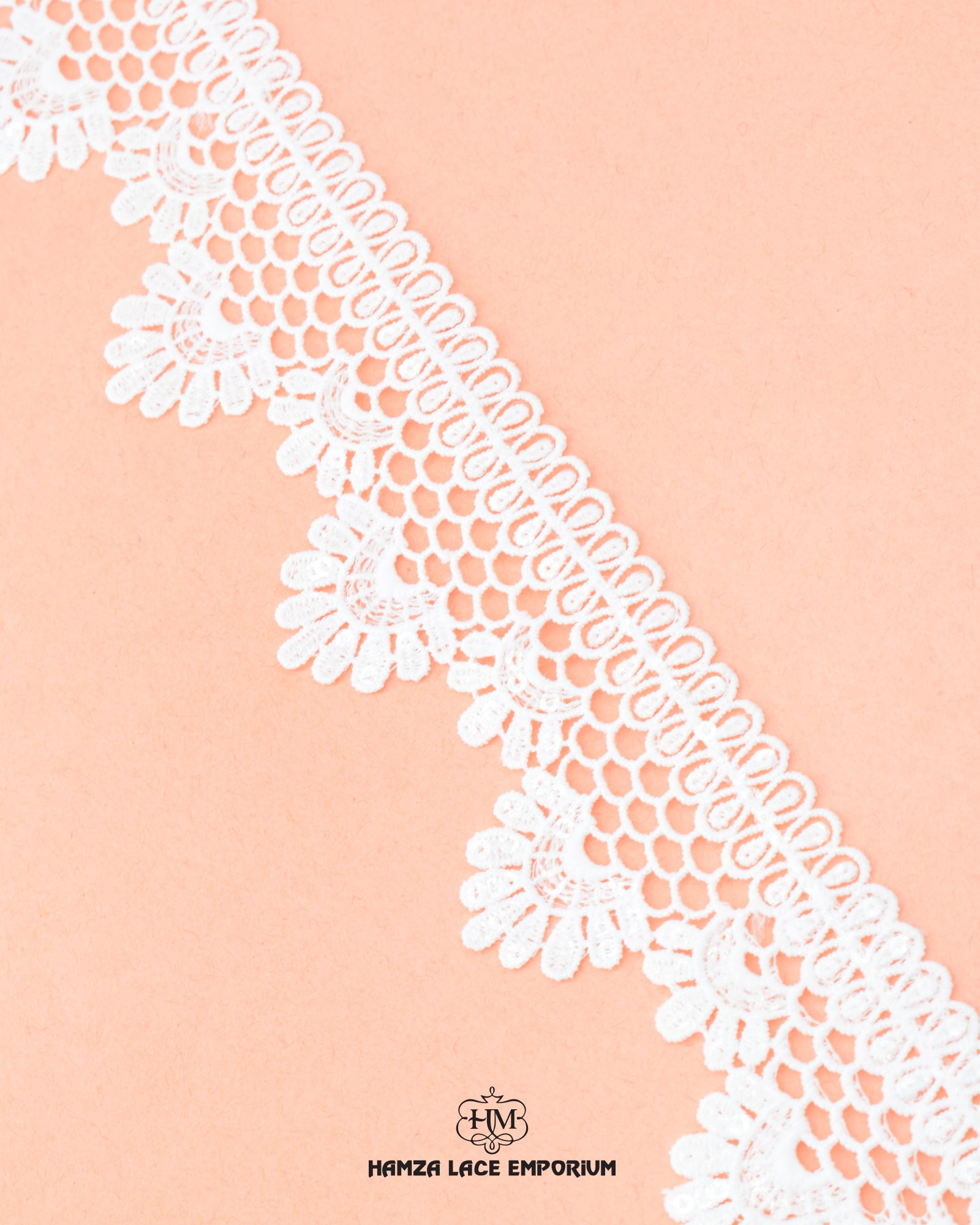 A white 'Edging Flower Lace 23059' with the vendor name 'Hamza Lace' and it's logo