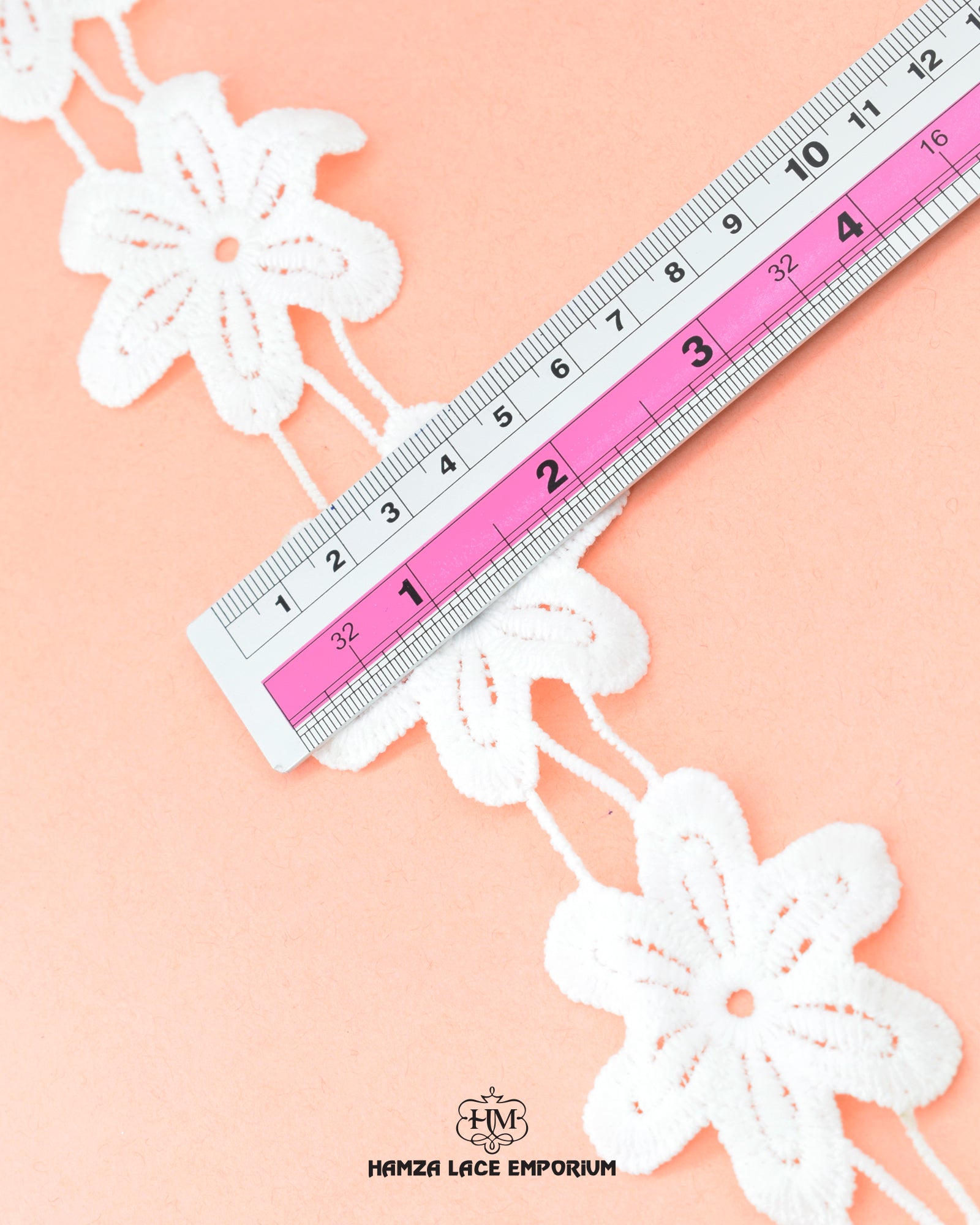 The size of the 'Center Flower Lace 23379' is given as '2' inches by placing a ruler on it