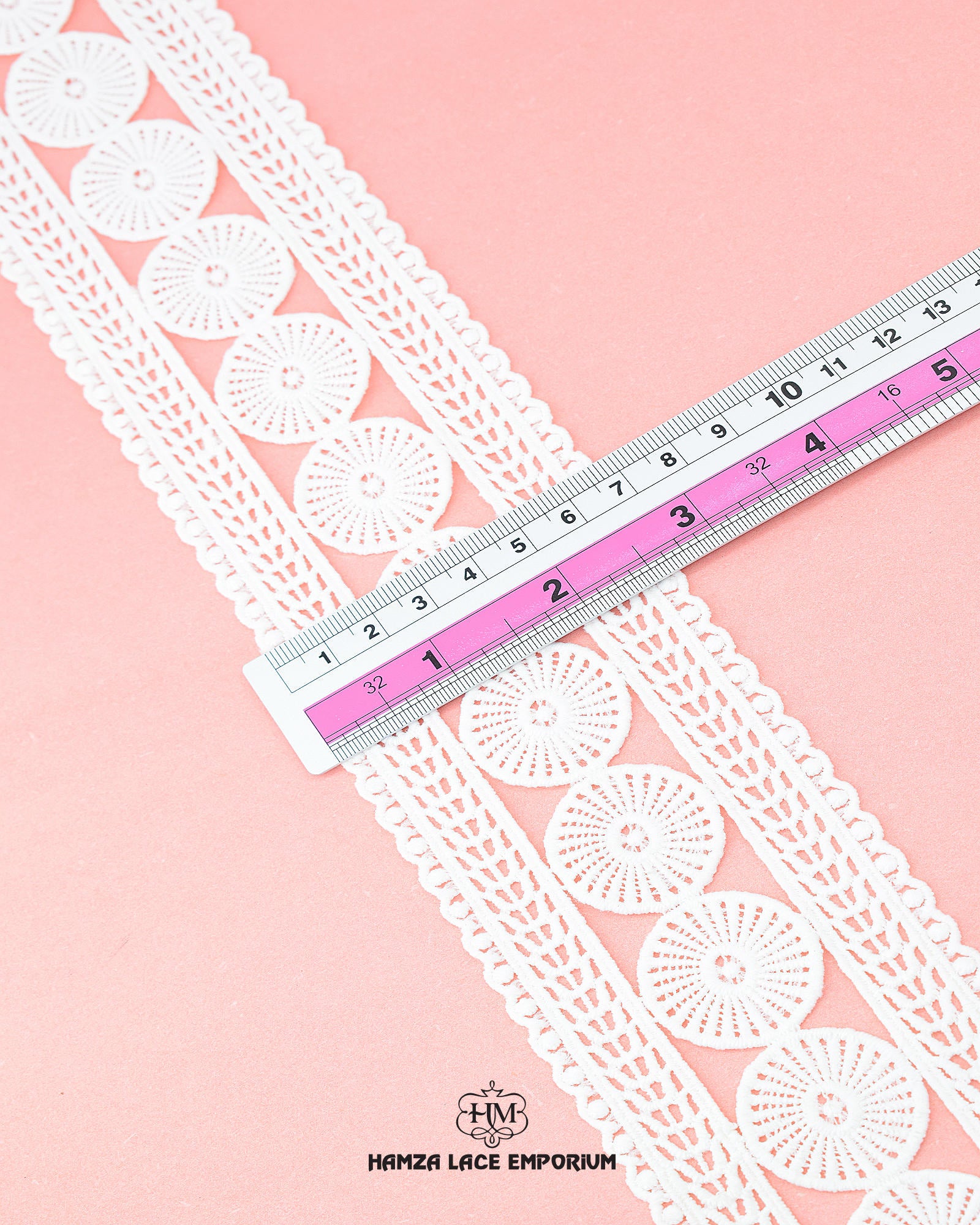 Center Filling Lace 23565 showcased alongside a ruler, revealing a width of 2.25 inches.