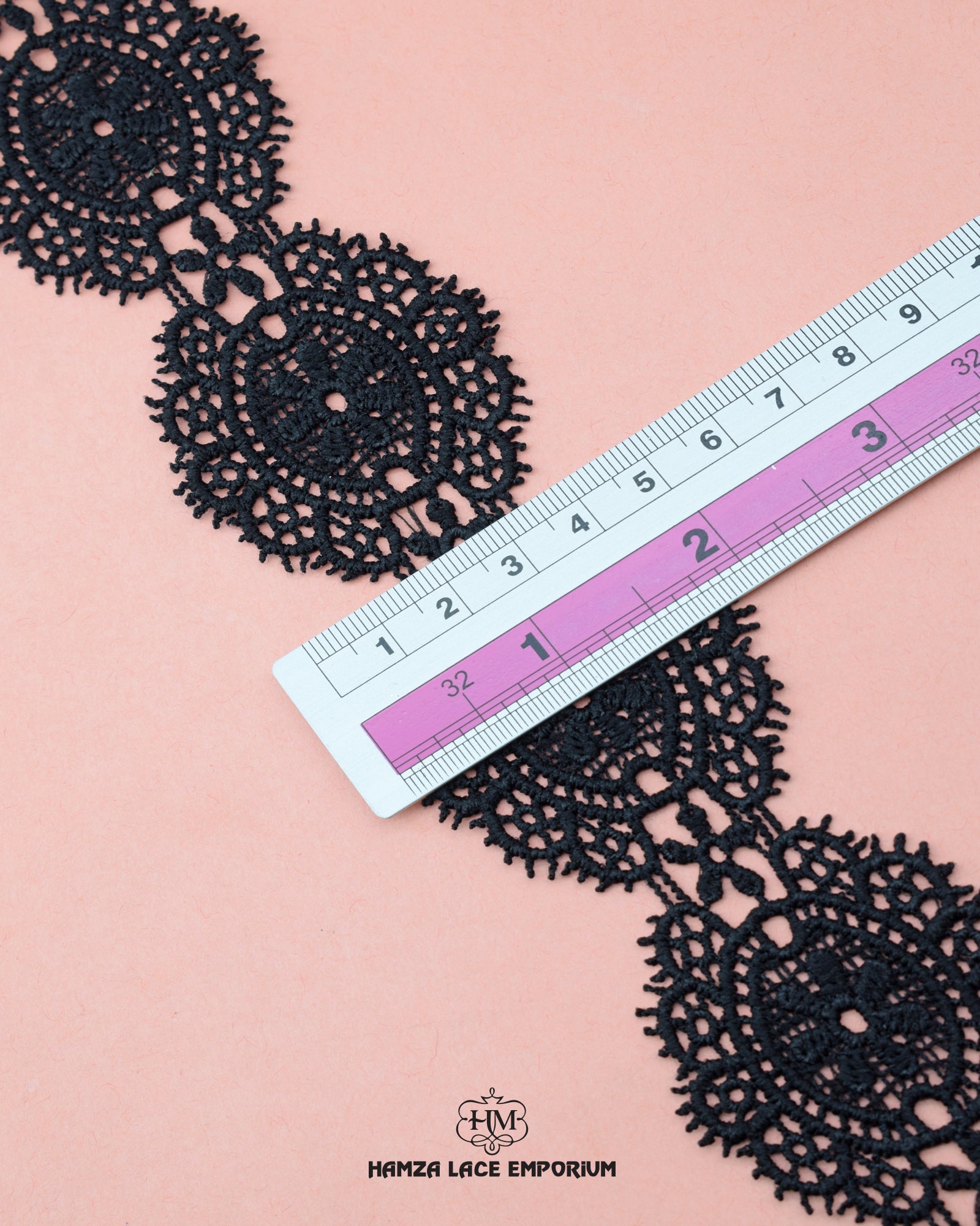 A ruler is showing the size of the 'Center Filling Lace 23611' as 2 inches
