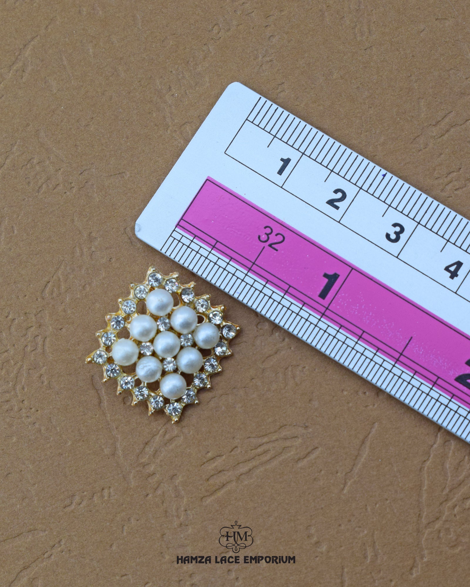 Elegant 'Stone With Pearl Button 331FBC' for Clothing (Size shown with ruler)