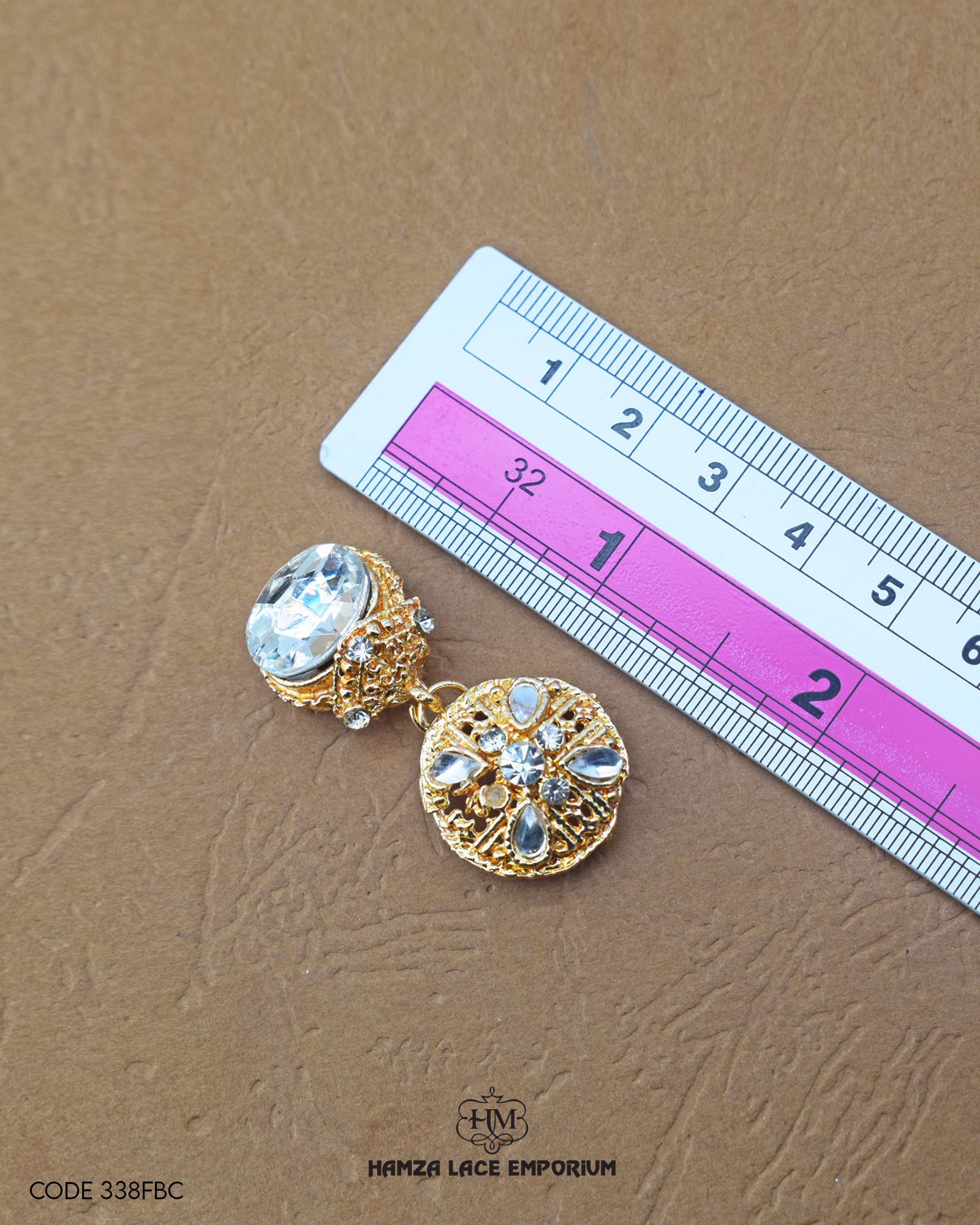 'Fancy Button 338FBC' with ruler for size reference in the product image.