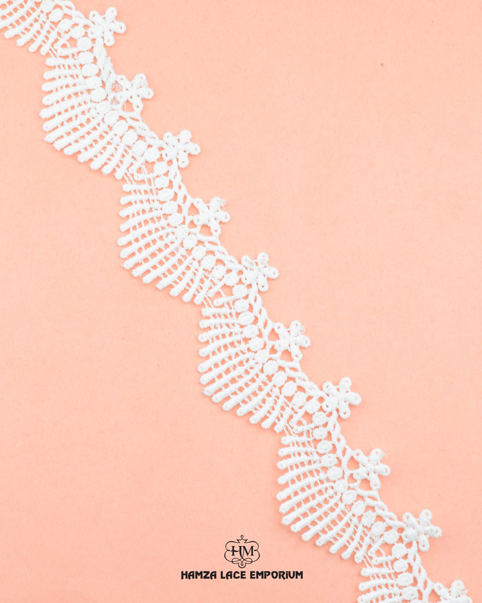 A white 'Edging Scallop Lace 3881' with the vendor name 'Hamza Lace' and it's logo