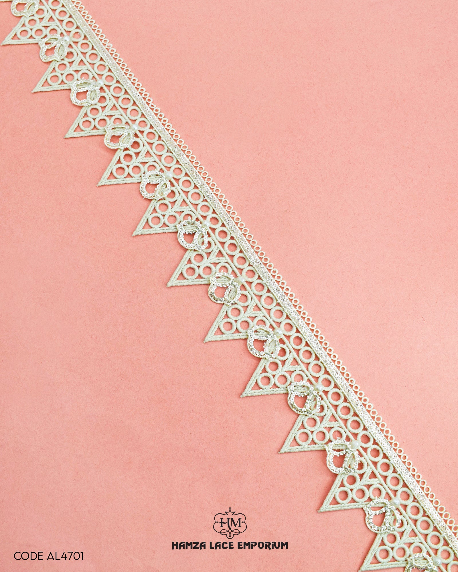 'Sequence Work Edging Lace AL4701' is on the pink background with 'Hamza Lace' sign at the bottom