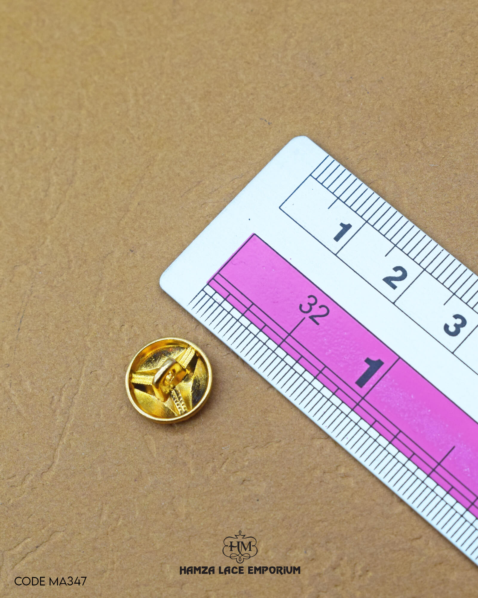 The size of the 'Golden Metal Button MB347 Media 2 of 2' is measured using a ruler.
