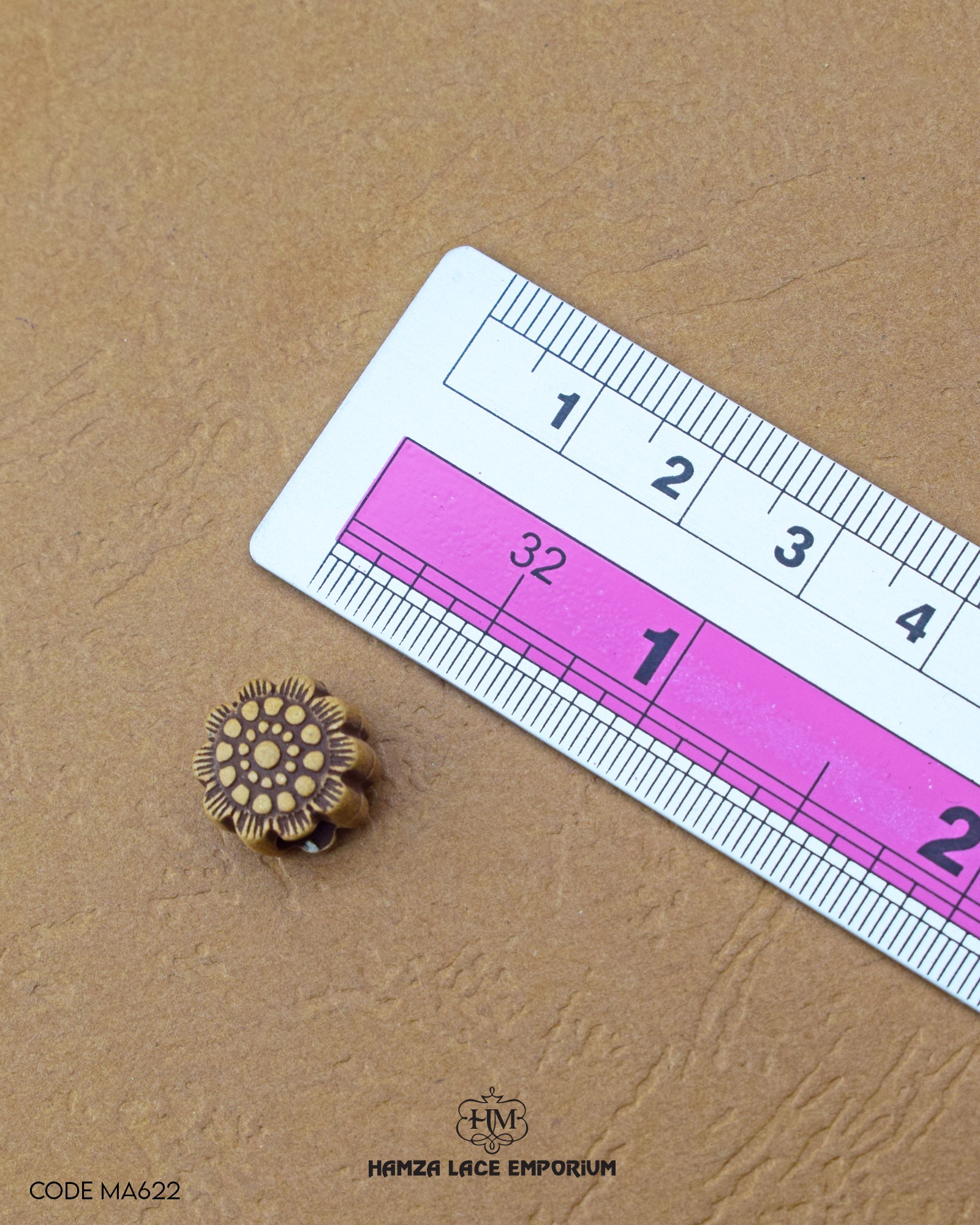 Size of the 'Flower Design Wooden Button MA622' is shown with a ruler