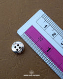 The size of the 'Four Hole Plastic Button MB222' is measured using a ruler.