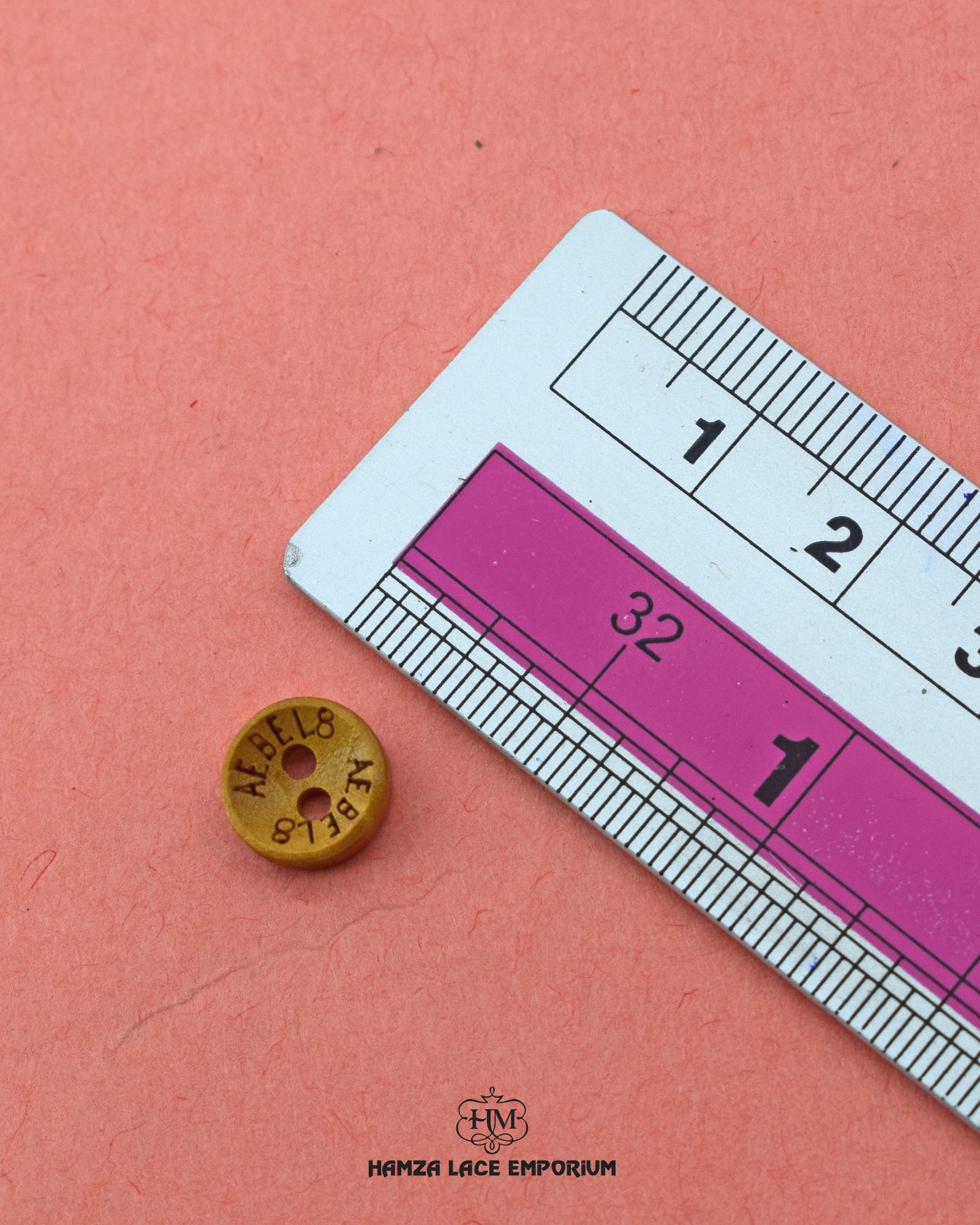 Size of the 'Two Hole Wood Button WB103' is shown with a ruler