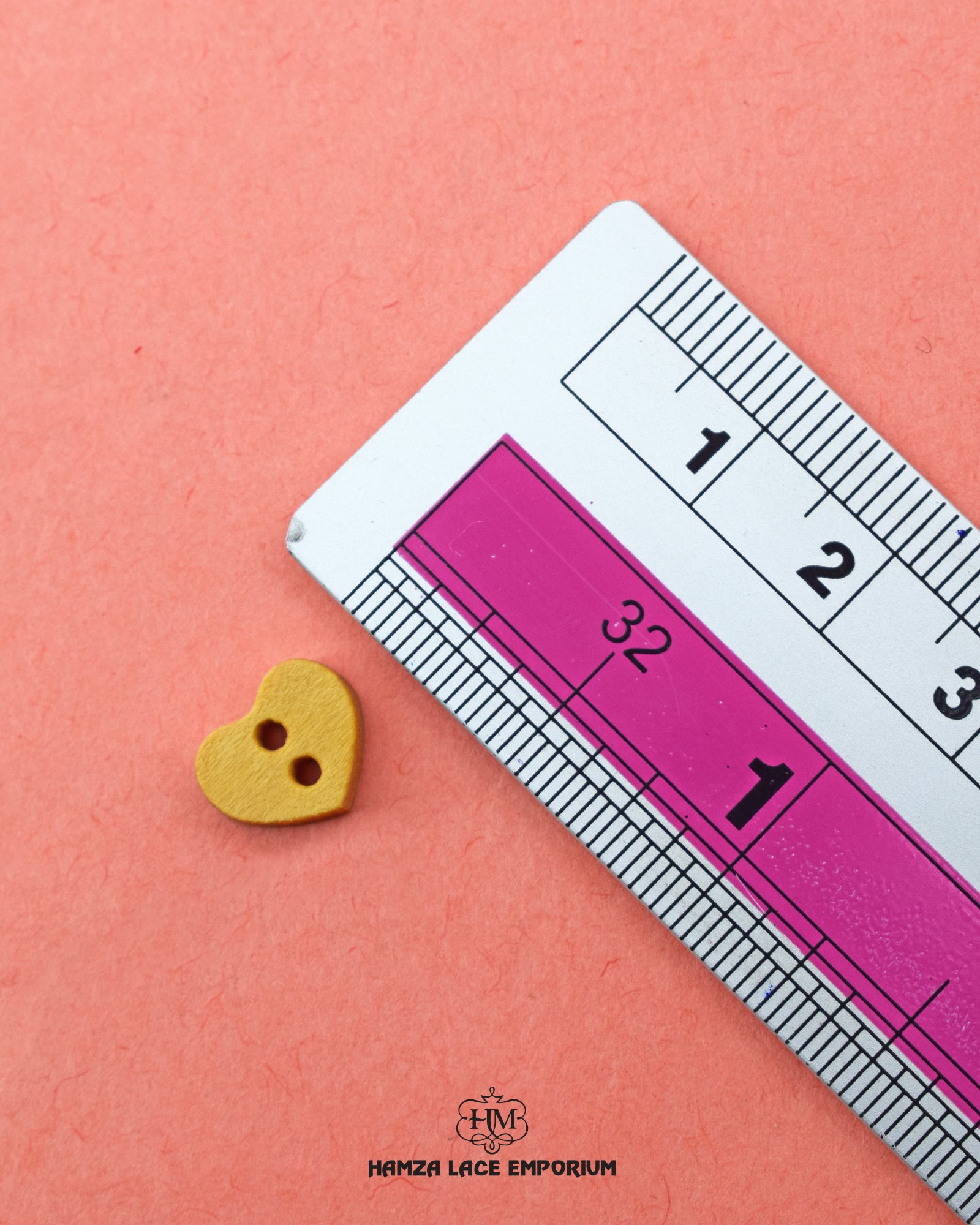 Size of the 'Heart Design Wood Button WB71' is shown with a ruler
