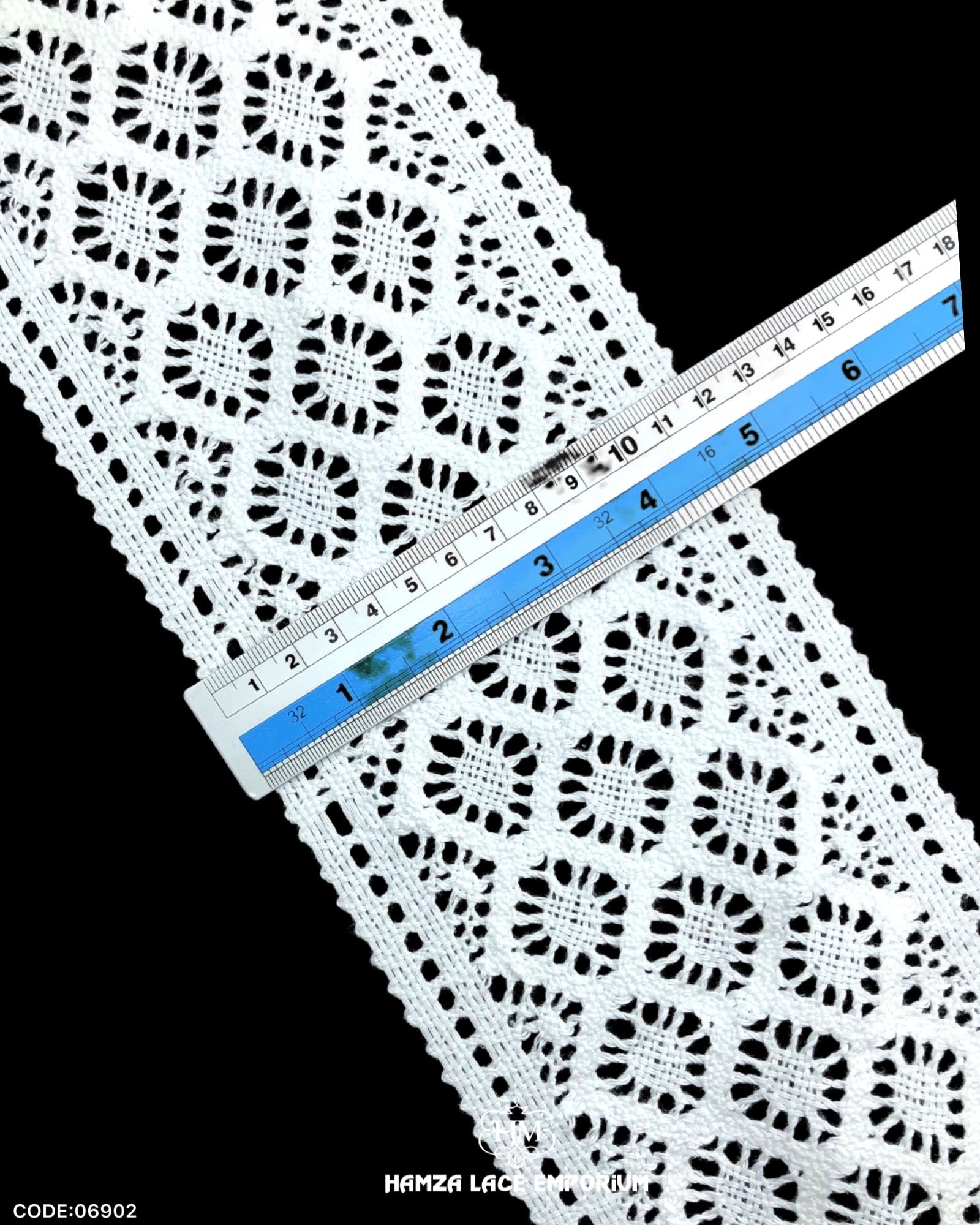 Size of the 'Center Filling Crochet Lace 06902' is shown with the help of a ruler as '3' inches
