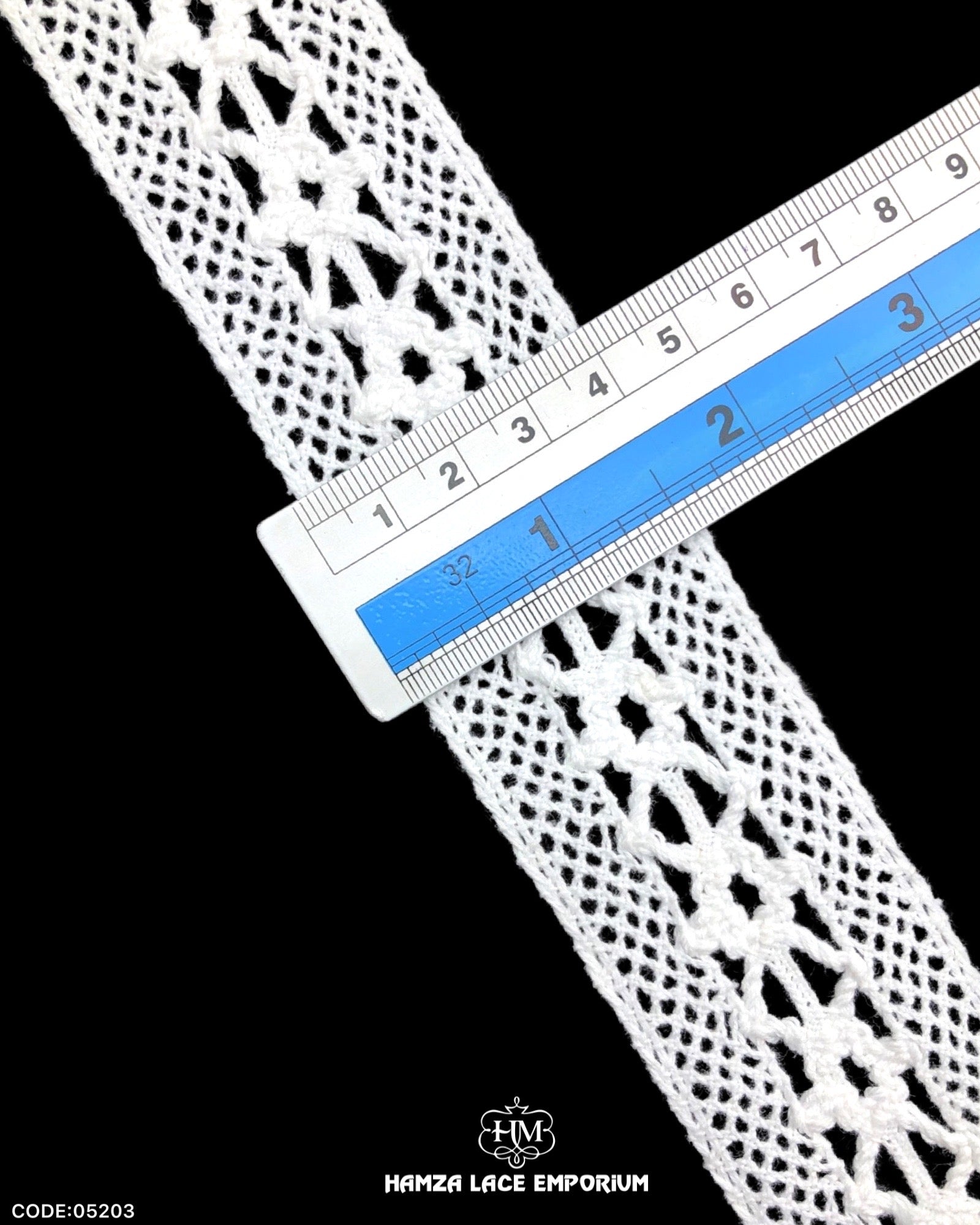 Size of the 'Center Filling Crochet Lace 05203' is shown with the help of a ruler as '1.5' inches