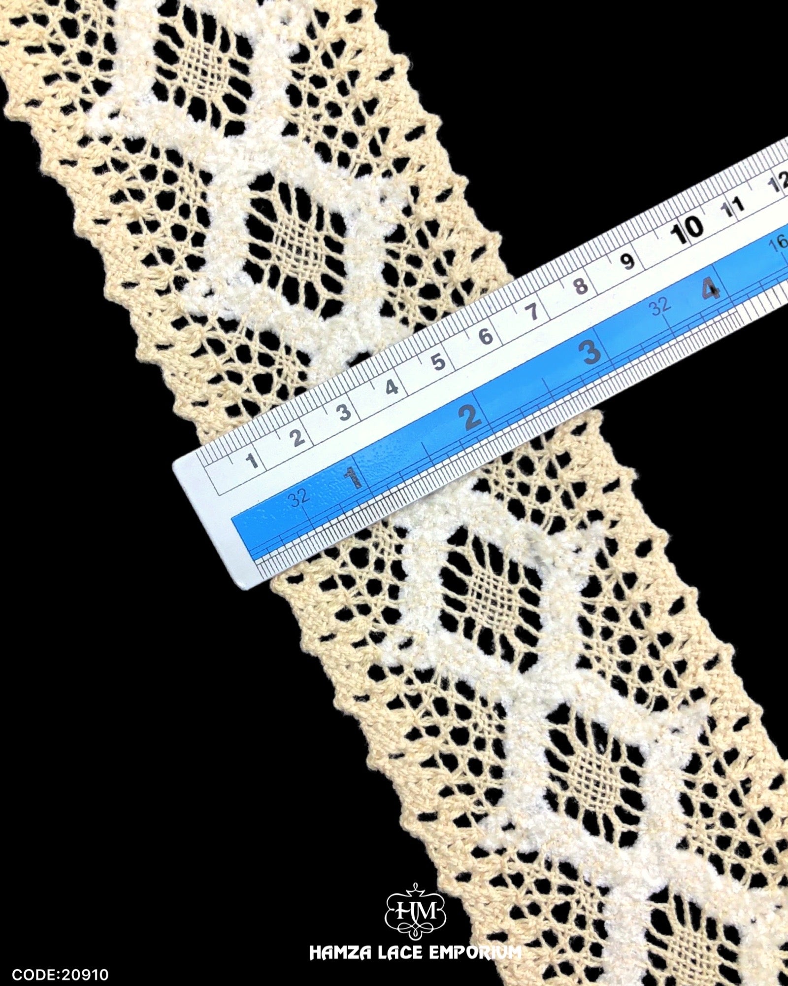 Size of the 'Center Filling Crochet Lace 20910' is shown with the help of a ruler as '2.25' inches
