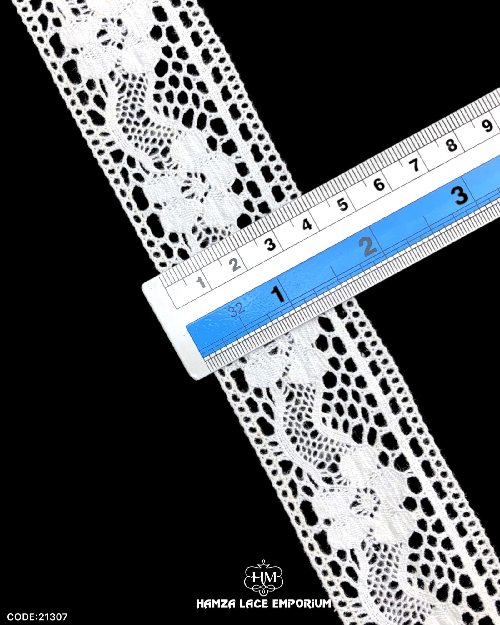 Size of the 'Center Filling Crochet Lace 21307' is shown with the help of a ruler as '1.5' inches