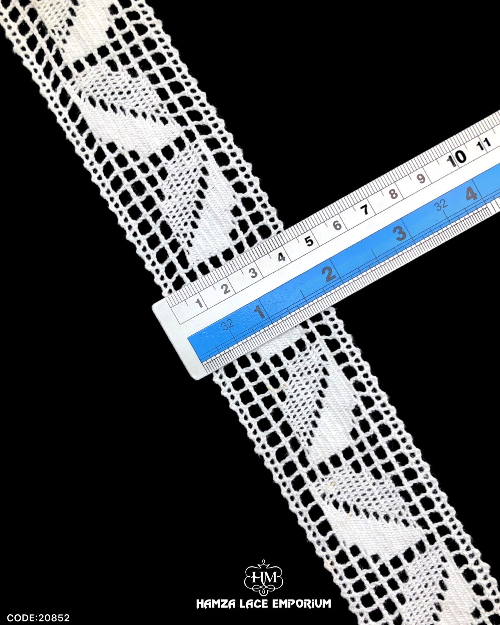 Size of the 'Center Filling Crochet Lace 20852' is shown with the help of a ruler as '2.5' inches