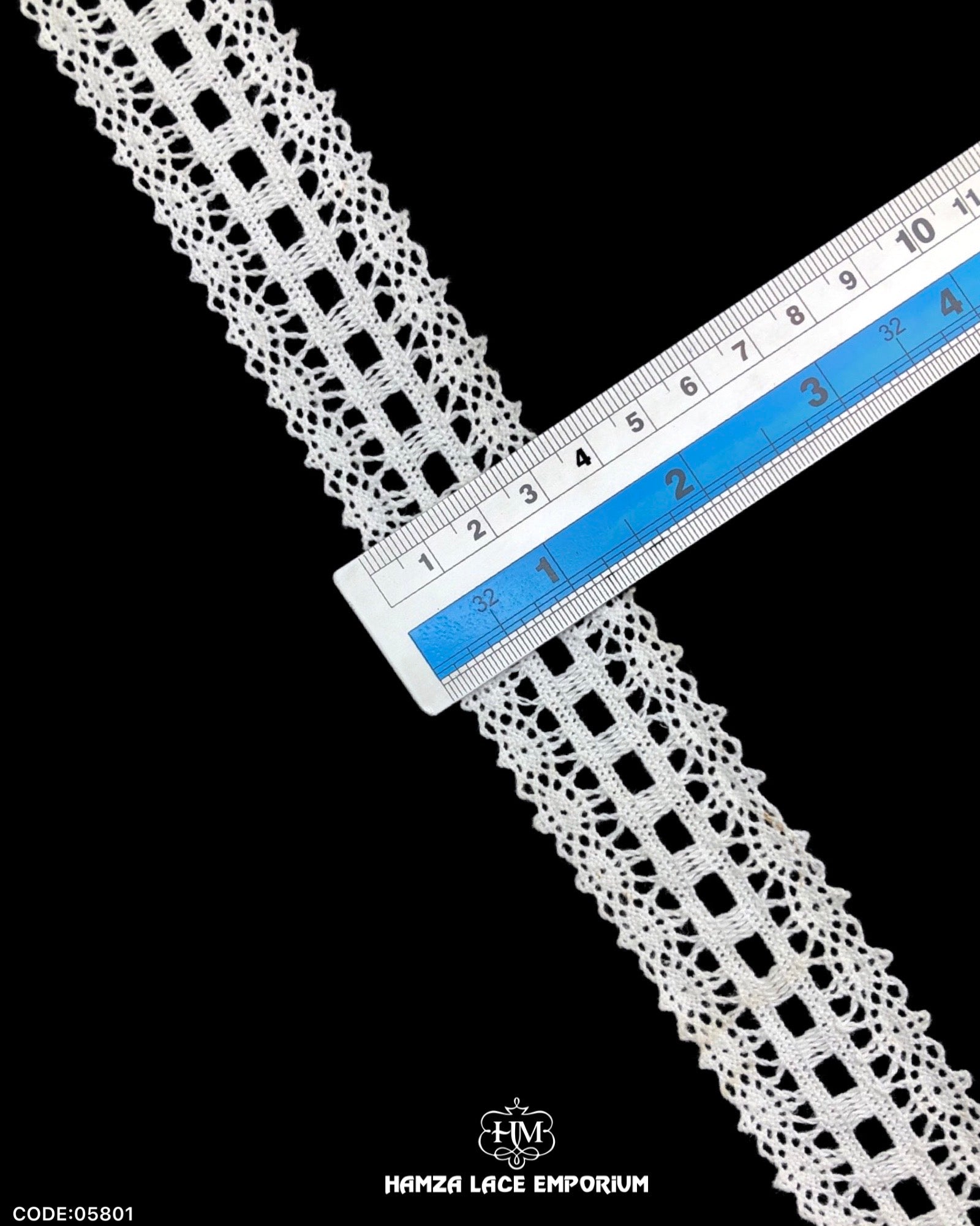 Size of the 'Center Filling Crochet Lace 05801' is shown with the help of a ruler as '1' inch