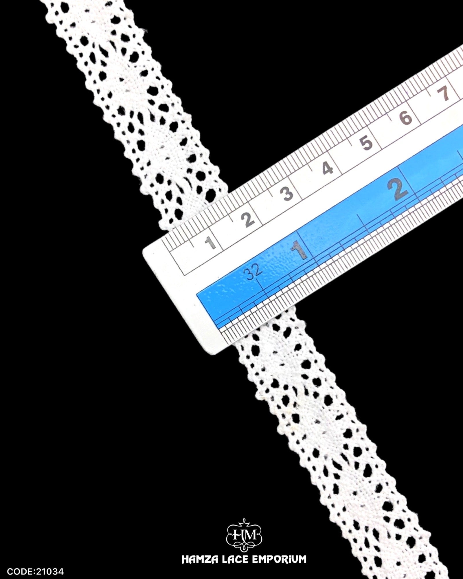 Size of the 'Center Filling Crochet Lace 21034' is shown with the help of a ruler as '0.5' inches