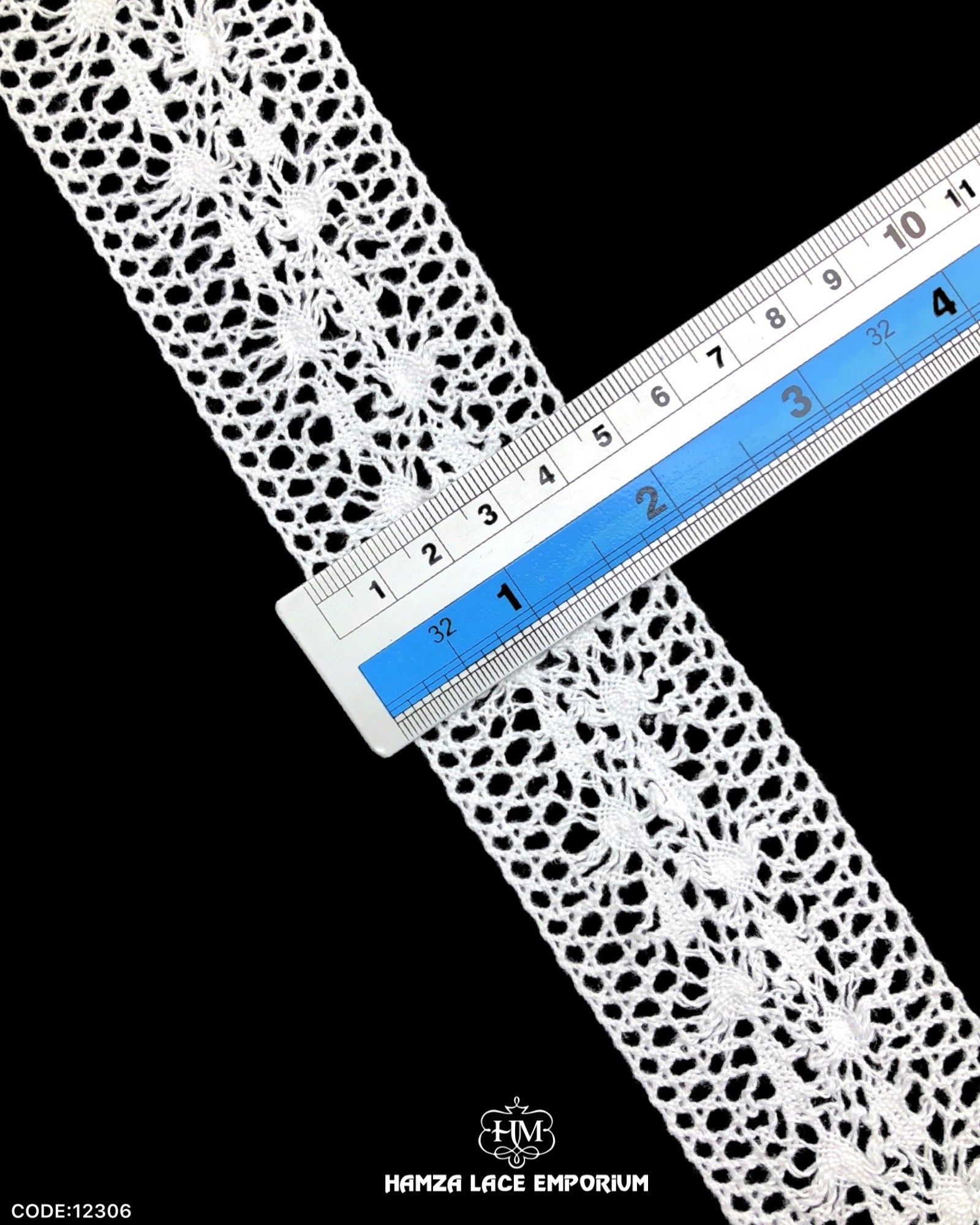Size of the 'Center Filling Crochet Lace 12306' is shown with the help of a ruler as '1.5' inches