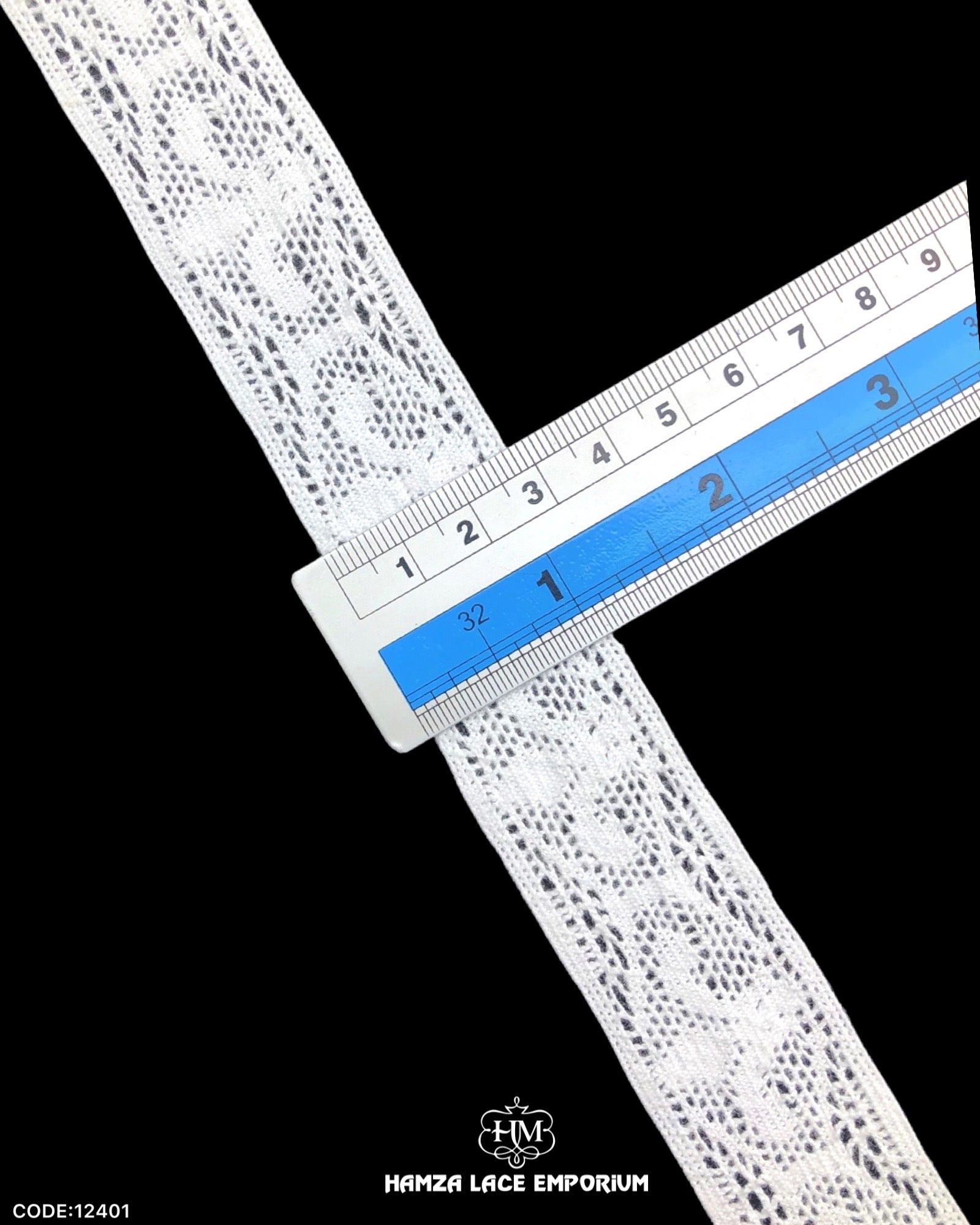 Size of the 'Center Filling Crochet Lace 12401' is given with the help of a ruler as '1' inch