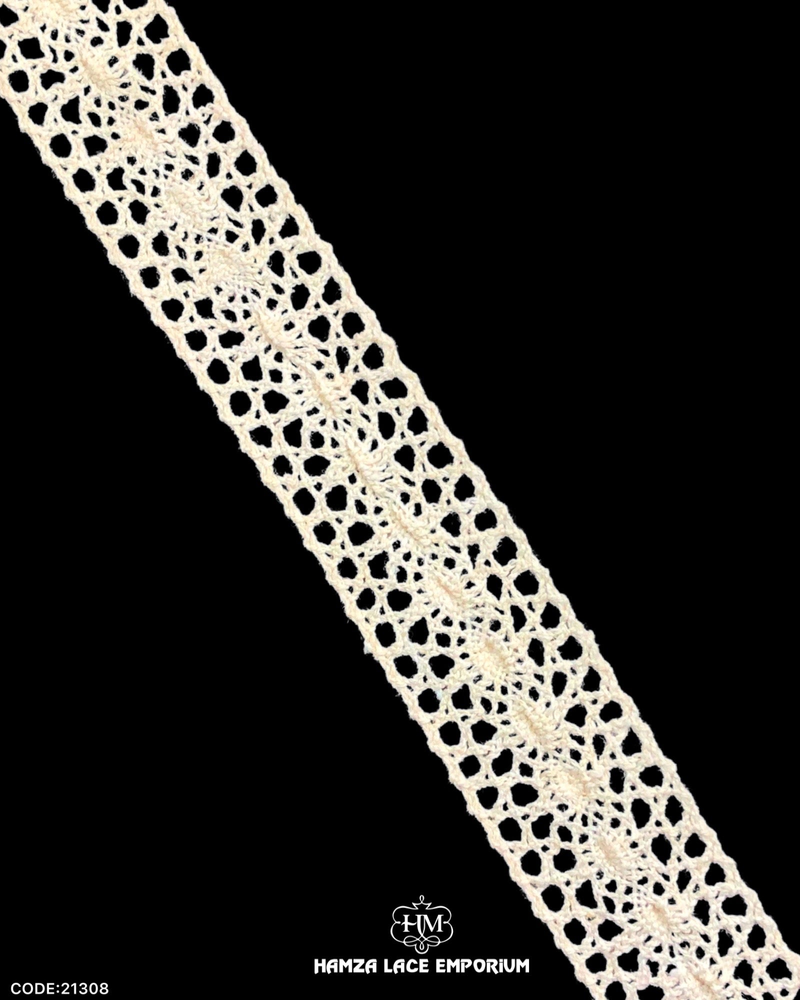 'Center Crochet Filling Lace 21308' with the brand name 'Hamza Lace' written at the bottom