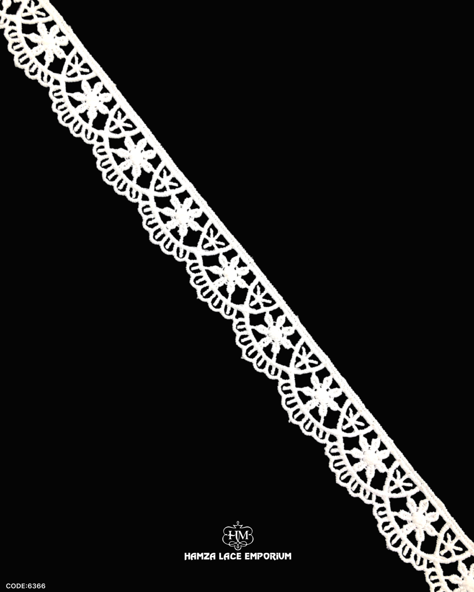 A piece of 'Edging Scallop Lace 6366' on a black background and the brand name 'Hamza Lace' and logo is printed at the bottom