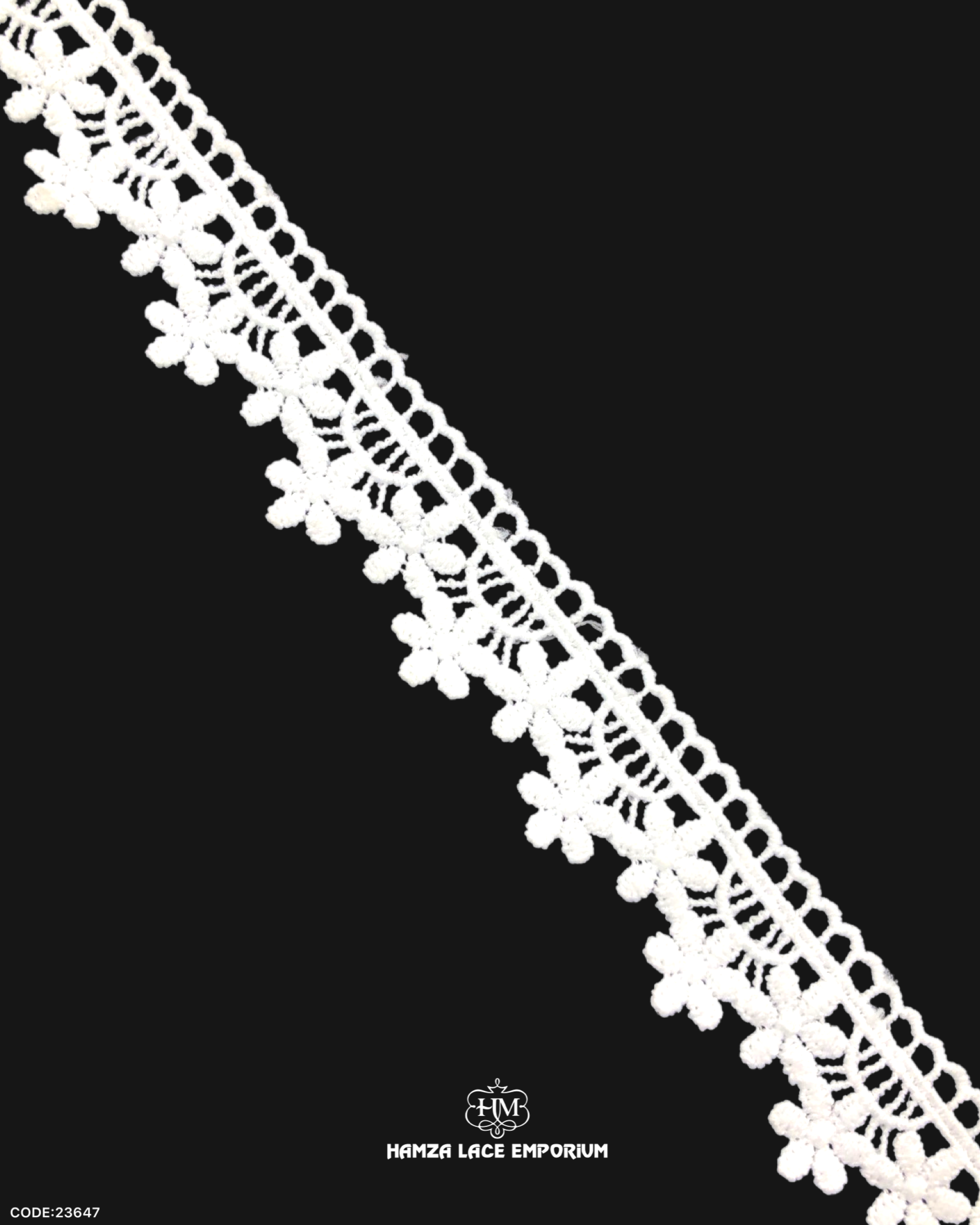 A piece of 'Edging Flower Lace 23647' on a black background and the brand name 'Hamza Lace' and logo is printed at the bottom